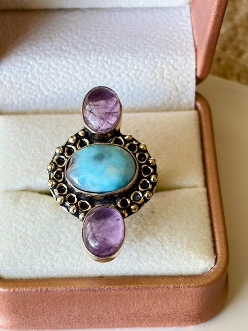 Larimar and Amethyst Tri-Stone Statement Ring 925 Silver Plated - Size 6.75
